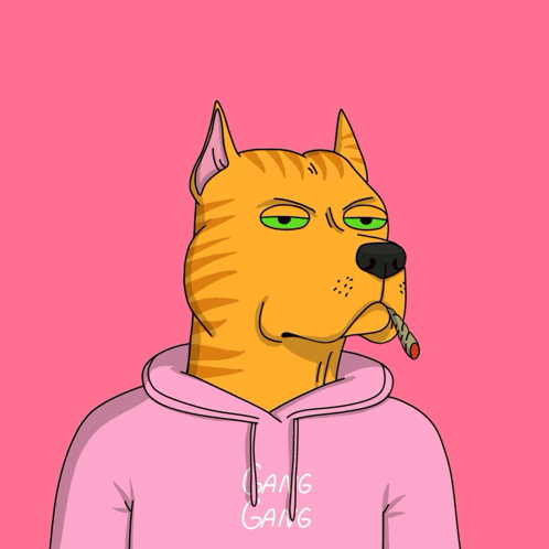 a cartoon dog is wearing a pink hoodie that says gang gang