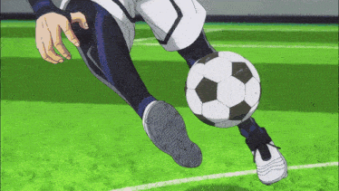 a person kicking a soccer ball on a field with a white shoe