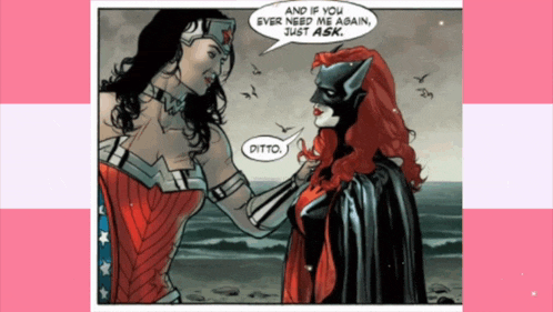 a comic book scene with wonder woman talking to batgirl