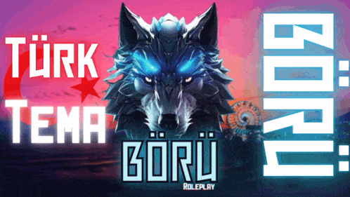 a wolf with blue eyes and the words turk tema boru on the bottom