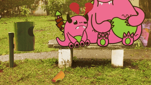a cartoon of two monsters sitting on a park bench