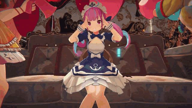 a girl with pink hair is wearing a blue and white dress