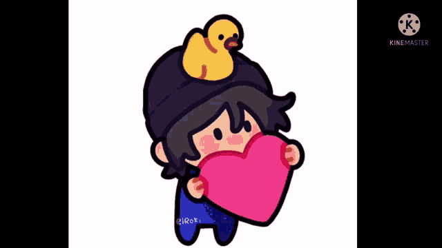 a cartoon boy is holding a heart with a duck on his head .