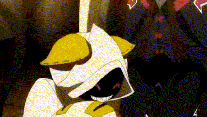 a cartoon character with a hood on is standing next to a man in a suit .