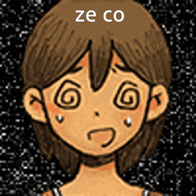 a cartoon drawing of a girl with a swirl around her eyes and the words ze co above her
