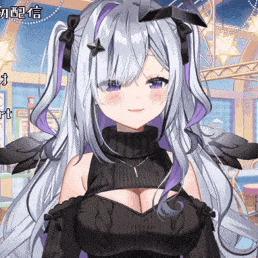 a girl with white hair and purple highlights wearing a black top