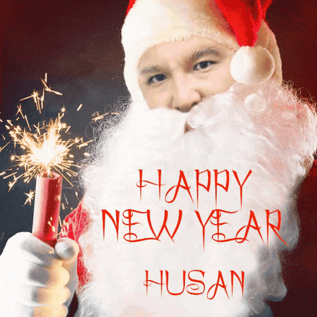a man dressed as santa claus is holding a sparkler and says happy new year husain