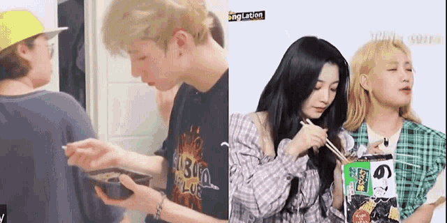 a man wearing a shirt that says sun on it is eating noodles with chopsticks