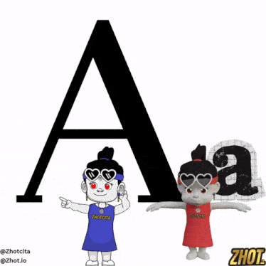 a cartoon character standing next to a letter a and a cartoon character standing next to a letter a