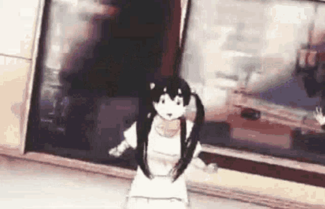 a cartoon girl with pigtails is standing in front of a window .
