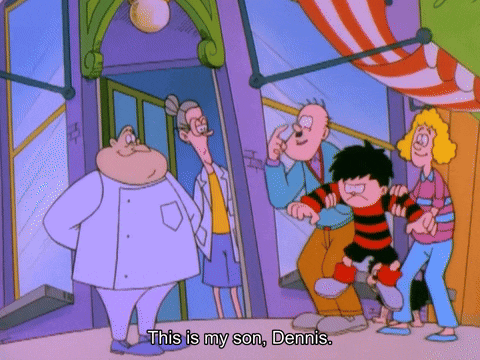 a group of cartoon characters are standing in front of a store and one of them says " this is my son dennis "