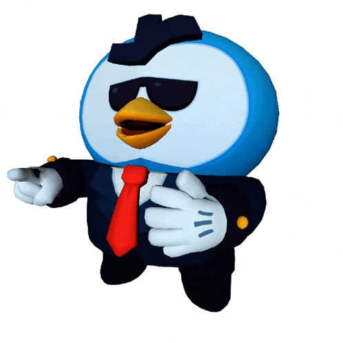 a cartoon bird wearing a suit and tie is pointing