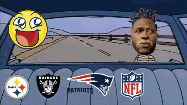 a cartoon of a man looking out the window of a car with logos for the raiders patriots and steelers