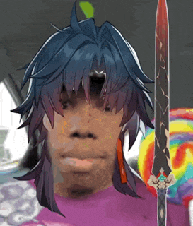 a man with long hair is holding a sword in front of a lollipop