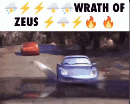 a blue car is driving down a road next to a red car with the words wrath of zeus above it