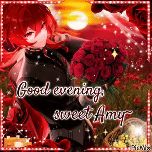 a greeting card with a red haired anime character holding a bouquet of red roses