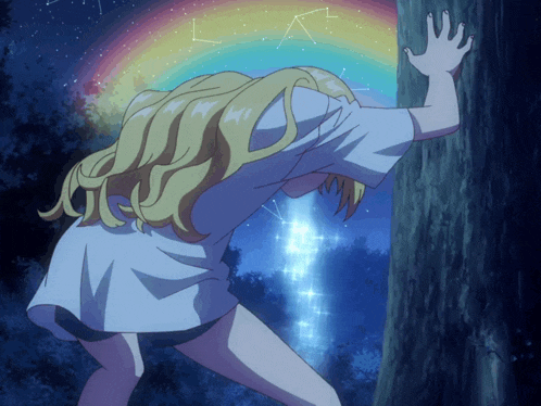 a girl with long blonde hair is leaning against a tree with a rainbow in the sky behind her