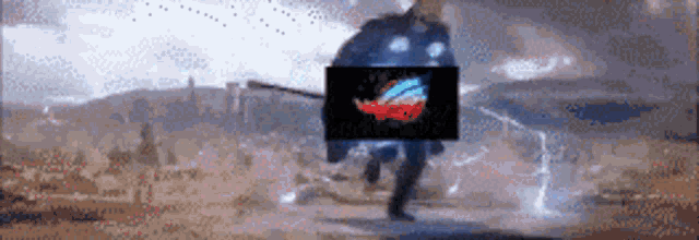 a pixel art of a man holding a sword and a shield