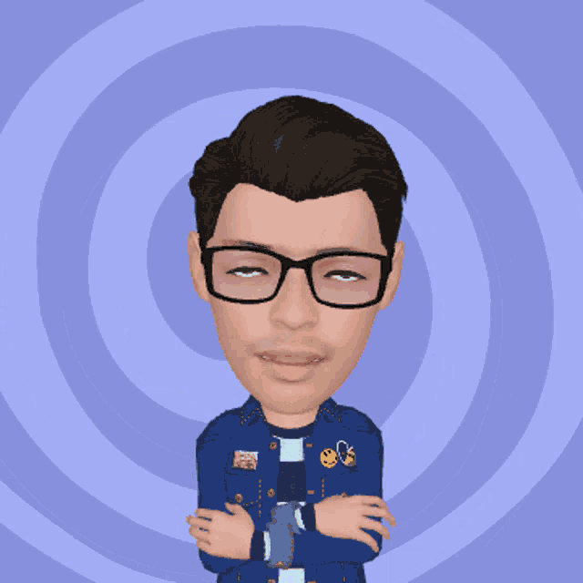 a cartoon of a man wearing glasses and a blue jacket with a smiley face on the back