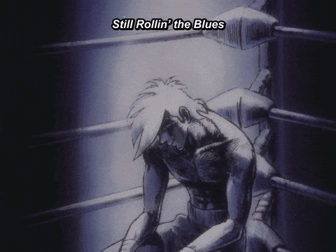 a drawing of a man in a boxing ring with the words still rollin ' the blues below him
