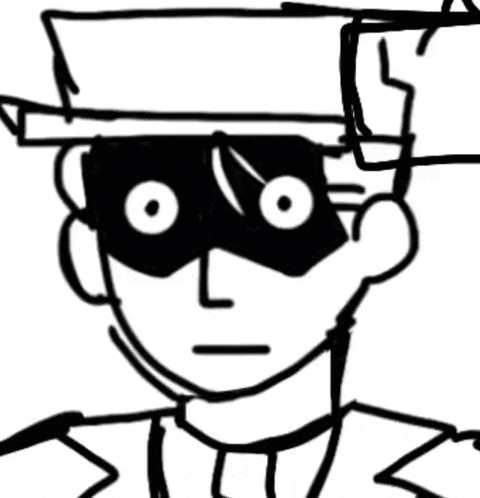 a black and white drawing of a man wearing a hat and a mask .