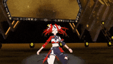 a 3d anime girl is dancing on a stage in front of a large sign .