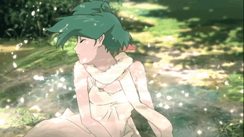 a girl with green hair and a white dress is sitting in a field