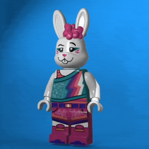 a lego bunny with pink hair and a lightning bolt shirt