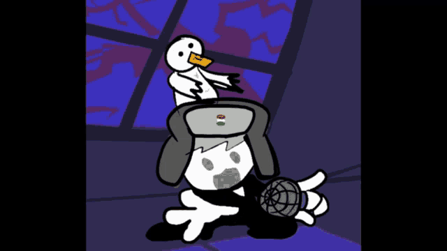 a cartoon character holding a microphone and a duck on his head