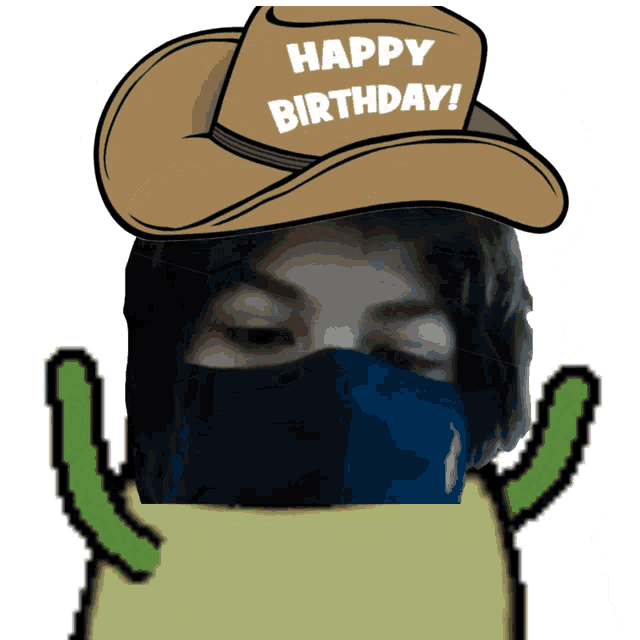 a man wearing a mask and a cowboy hat that says happy birthday