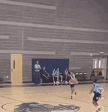 a basketball game is being played in a gym with 87.3k in the corner