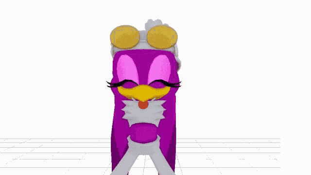a 3d model of a purple cartoon character wearing sunglasses and a white hat .