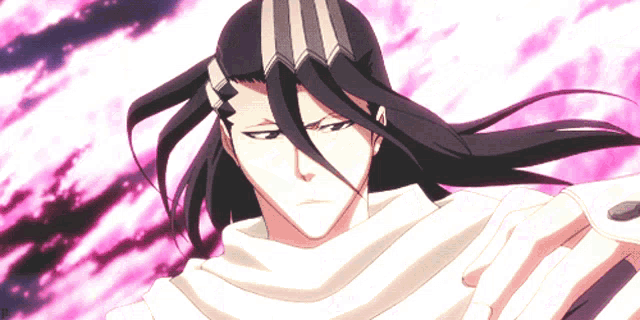 a cartoon character with long black hair and a white scarf around his neck