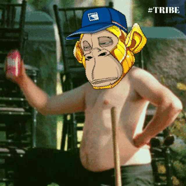 a shirtless man with a monkey mask on his face and the word tribe on the bottom right