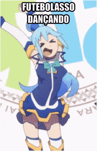 a girl with blue hair is dancing with the words futebolasso dancando