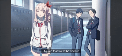 a girl in a school uniform is standing in a hallway talking to two boys