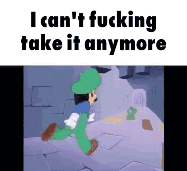 a cartoon of luigi running away from a frog with the words `` i can 't fucking take it anymore '' .