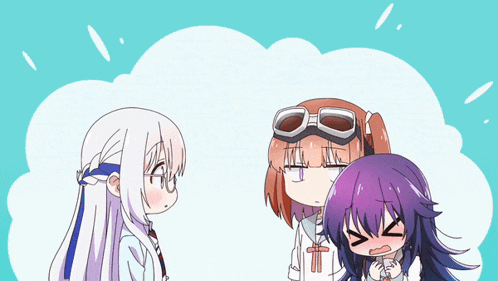 three anime girls are standing next to each other and one has goggles on