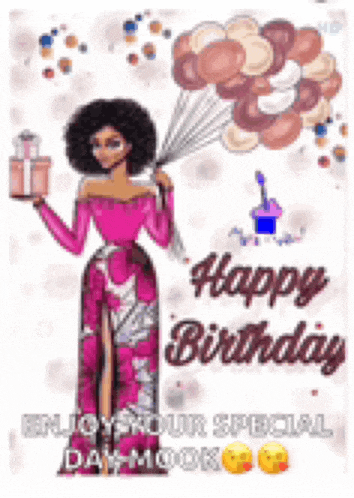 a birthday card with a woman in a pink dress holding balloons and a gift .