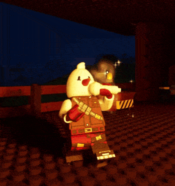 a lego character is standing in front of a sign that says ' warning ' on it