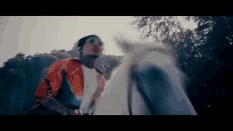 a man in sunglasses is riding a white horse