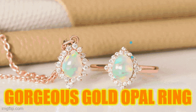 a gorgeous gold opal ring sits on a green stem