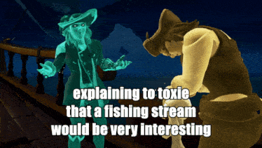 a video game character explaining to another character that a fishing stream would be interesting