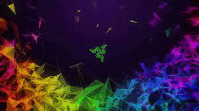 the razer logo is surrounded by a rainbow of colors on a dark background .
