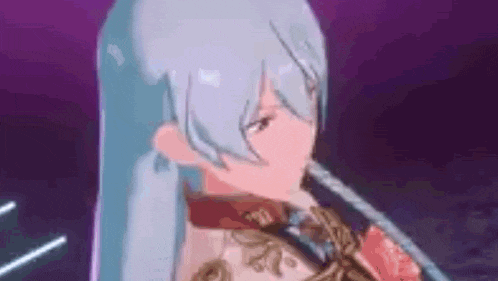 a close up of a cartoon character with blue hair holding a sword in her hand .