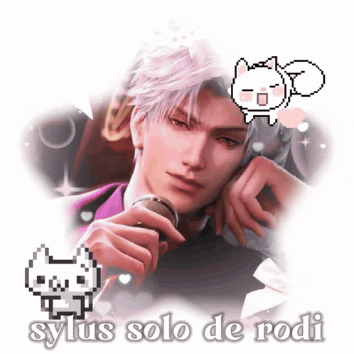 a picture of a man holding a microphone with sylus solo de rodi written below him