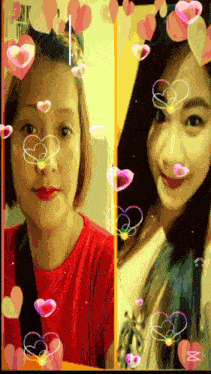a collage of two women with hearts and the letter m