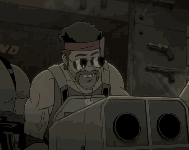 a man with a beard and sunglasses holds a gun in front of a wall that says nd