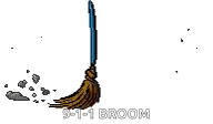 a cartoon drawing of a broom with a blue handle and dust coming out of it .