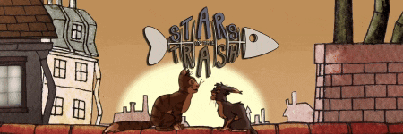 a cartoon of a cat and a rabbit standing next to each other with the words starfish trash above them